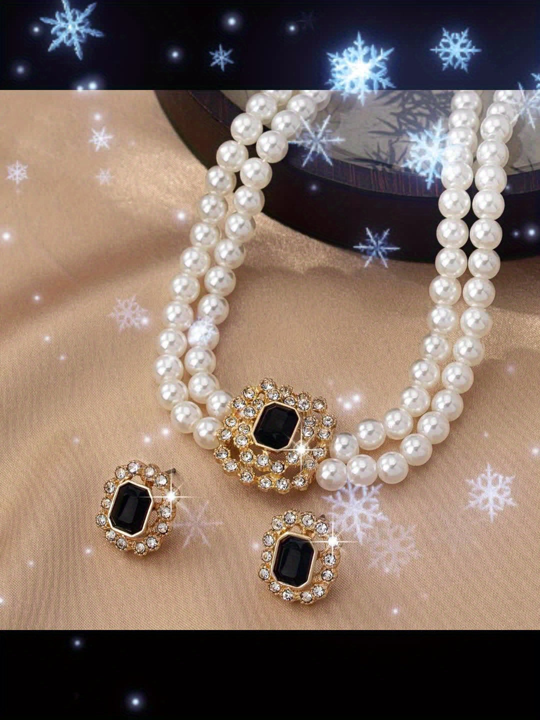 Luxury Elegant Double Row Faux Pearl Square Necklace Set