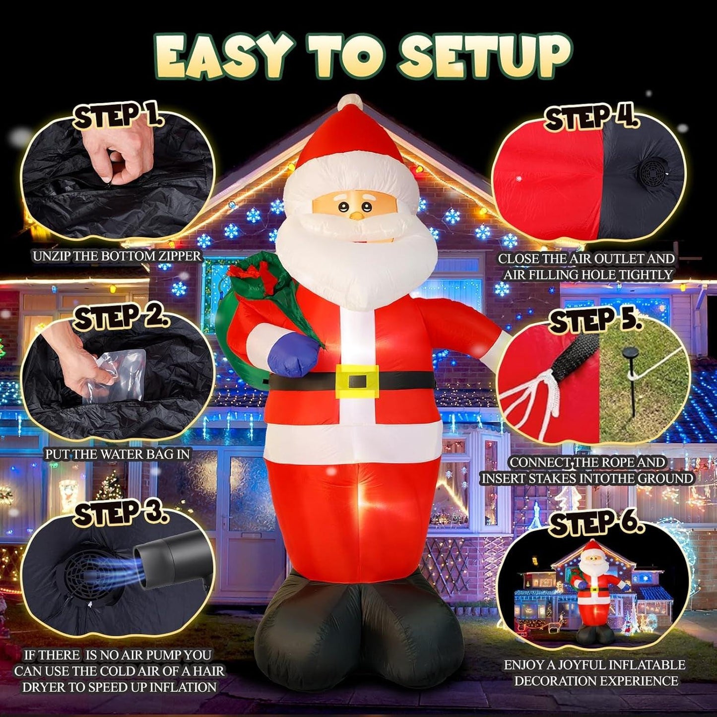 8FT Giant Santa Christmas Inflatable – Outdoor Decoration with LED Lights & Gift Bag | Yard, Retail & Event Display