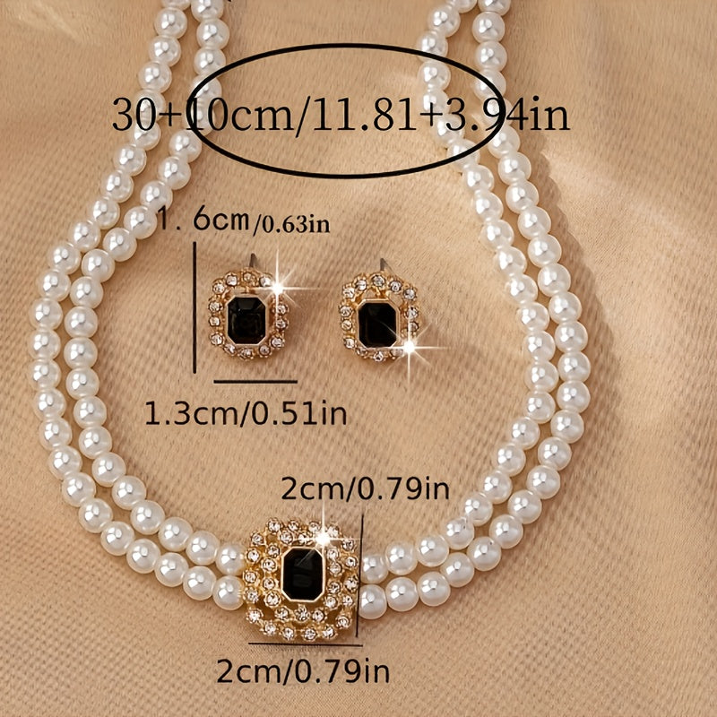 Luxury Elegant Double Row Faux Pearl Square Necklace Set