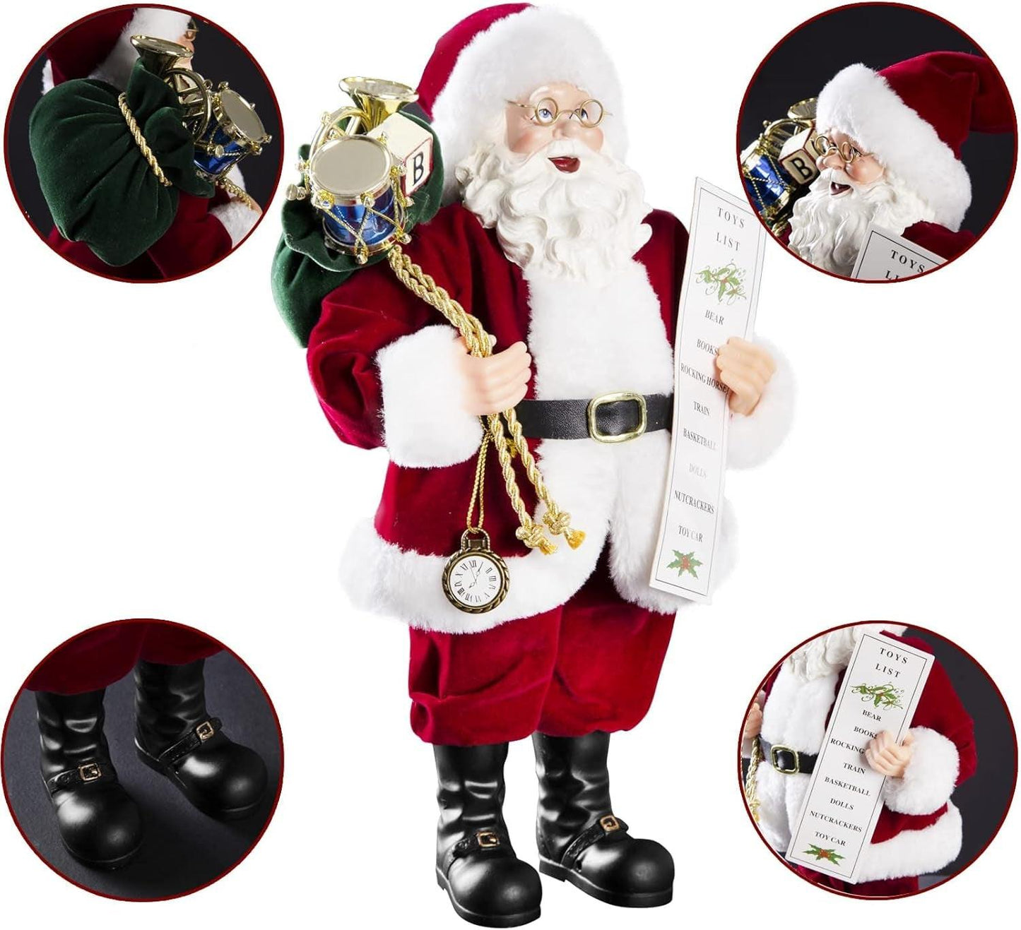 11‑Inch Santa Claus Figurine – Velvet Coat, Glasses & Gift Bag