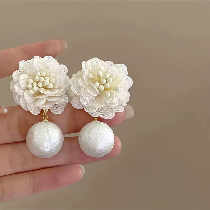 Elegant French Fabric Flower Drop Earrings