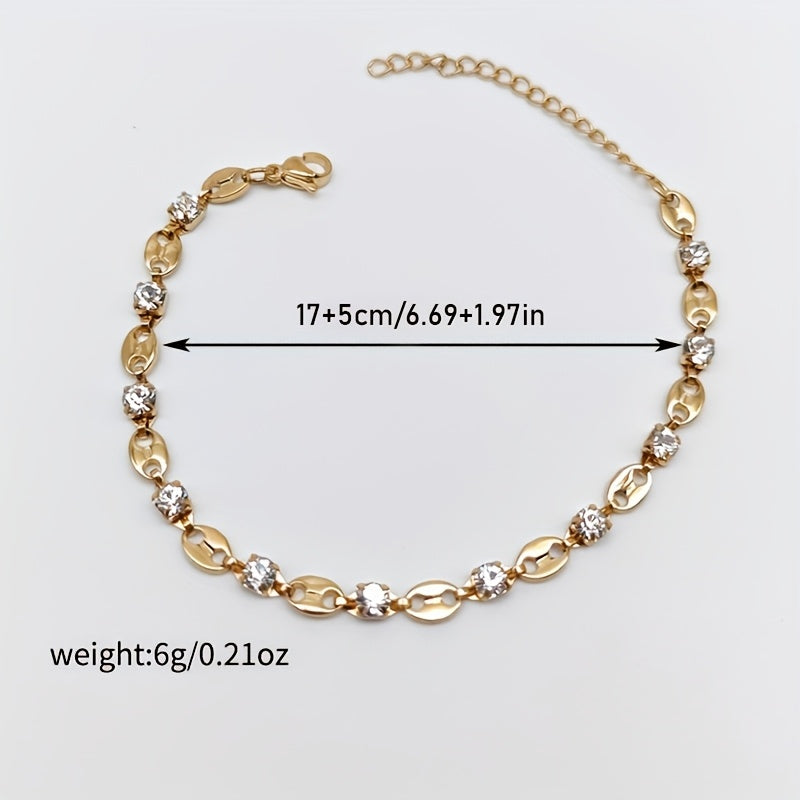 Elegant 18K Gold-Plated Zirconia Bracelet – Oval Coffee Bean Design, Stainless Steel Chain for Daily Wear & Gift Occasions, Sparkling Jewelry Accessory