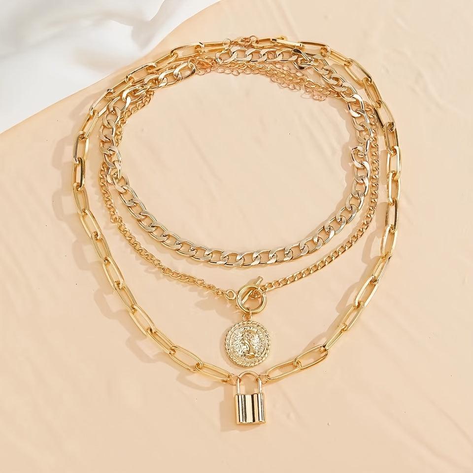 Elegant 3pcs Vintage-Inspired Golden-Tone Necklace Set