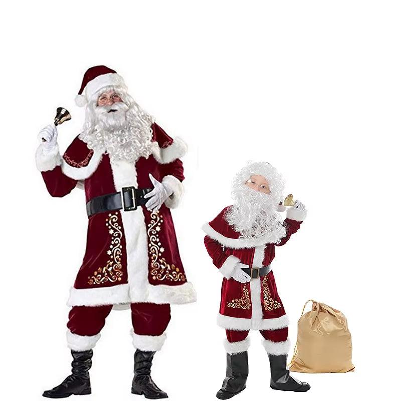Deluxe Velvet Santa Suit – 8Pc Adult & Kids Christmas Costume Set