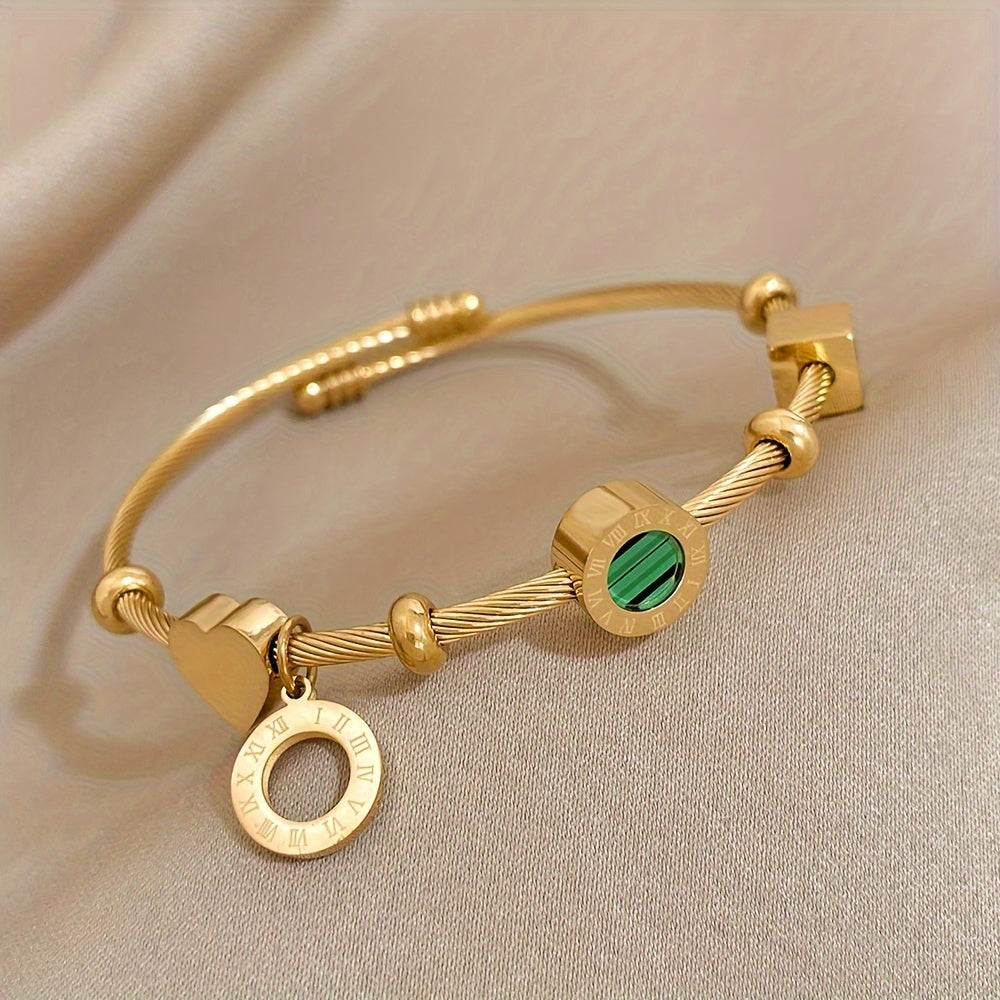 Elegant Golden-Tone Adjustable Cuff Bracelet with Green & Black Stone Beads