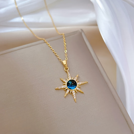 Avant-Garde Starburst Pendant Necklace – Blue Faux Zirconia, Stainless Steel Chain & Copper Pendant, Unisex Jewelry Gift for Teens & Adults, All-Occasion Accessory
