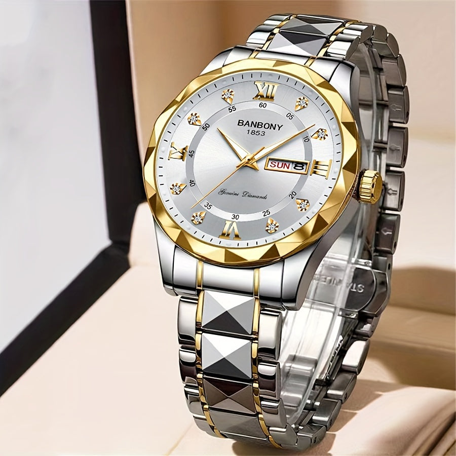 Men's Roman Numerals Dial Rhinestones Multifunctional Watch