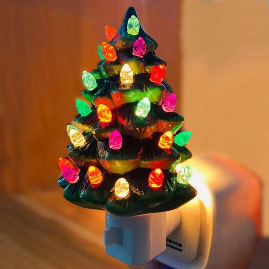 Hand‑Painted Ceramic Christmas Tree Night Light – Vintage Green Accent