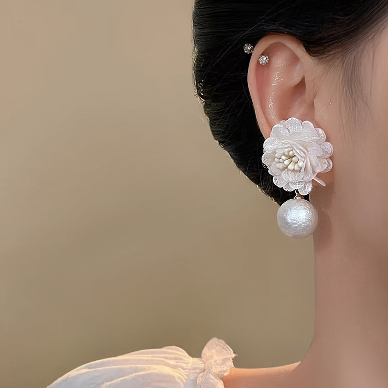 Elegant French Fabric Flower Drop Earrings