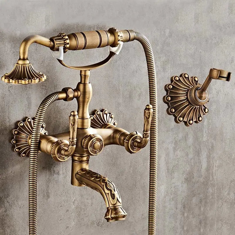 Antique Brass Wall Mounted Bathtub Shower Faucet Set