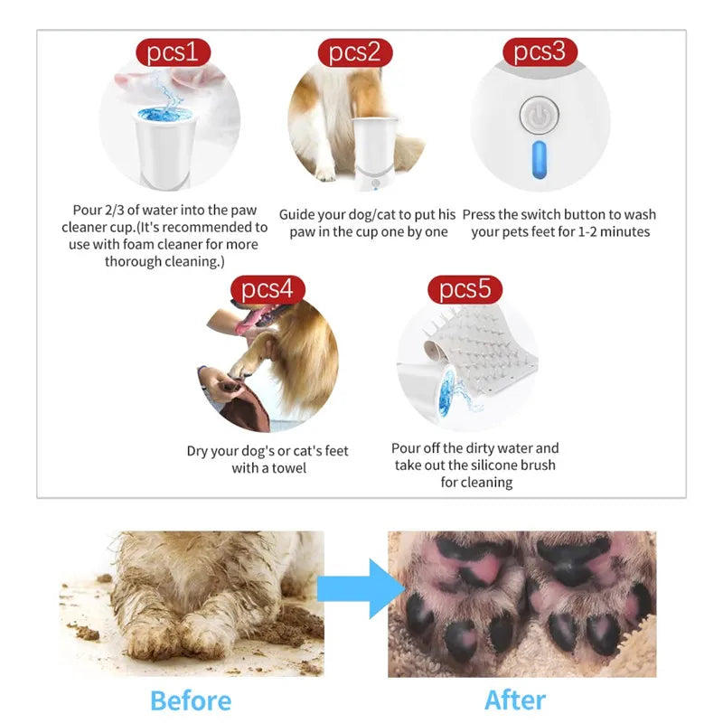 Portable Automatic Dog Paw Cleaner Cup - Rechargeable 2 in 1 Pet Foot Washer with Soft Brush - High Power - Suitable for Big Dogs and Cats