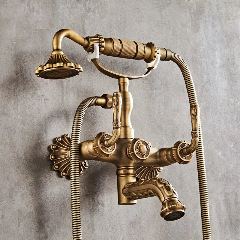 Antique Brass Wall Mounted Bathtub Shower Faucet Set