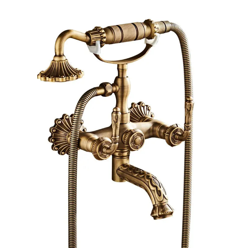 Antique Brass Wall Mounted Bathtub Shower Faucet Set