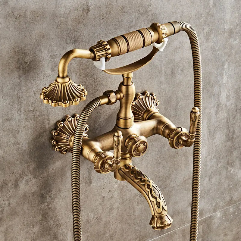 Antique Brass Wall Mounted Bathtub Shower Faucet Set