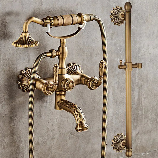 Antique Brass Wall Mounted Bathtub Shower Faucet Set