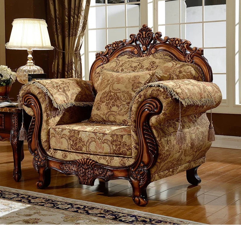 Decorative armchair with intricate carvings in a room with a lamp and window.