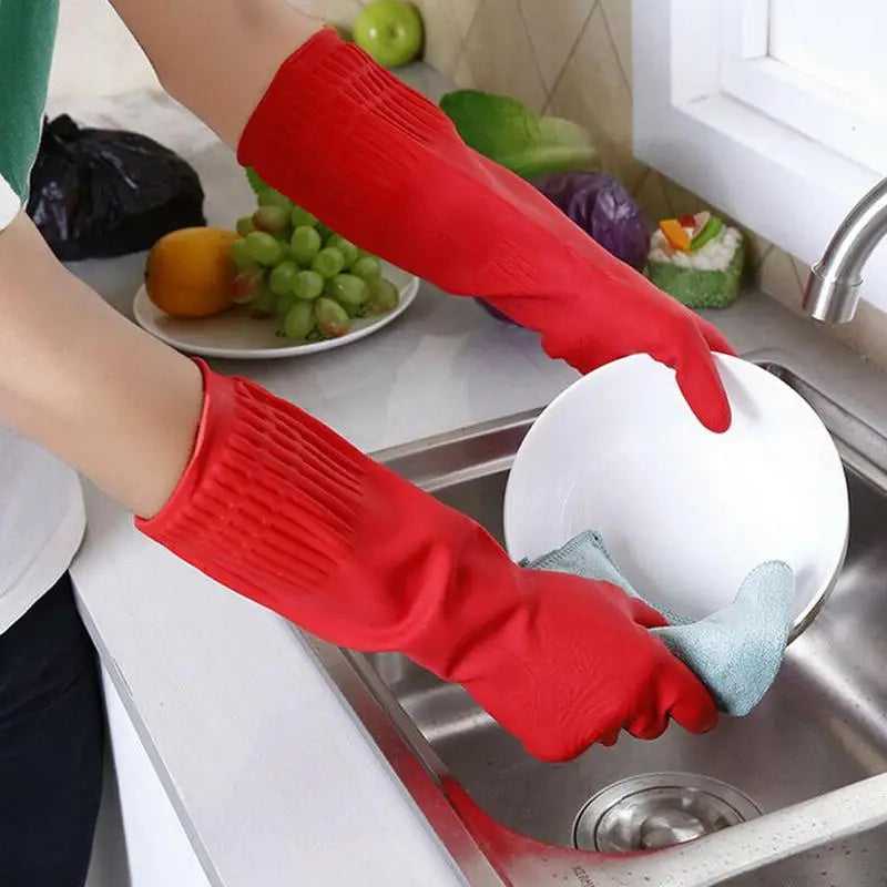 Red Gloves Washing Dishes Cleaning Waterproof Rubber Sleeve Gloves Latex Long Gloves  Kitchen Tool