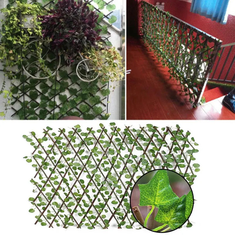 Telescopic Simulation Fence with Fake Flowers and Green Leaves