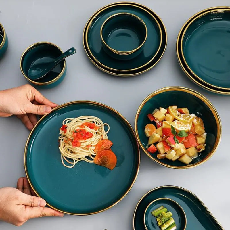 Gilt Rim Green Ceramic Plate and Bowls: Luxurious porcelain dinnerware set