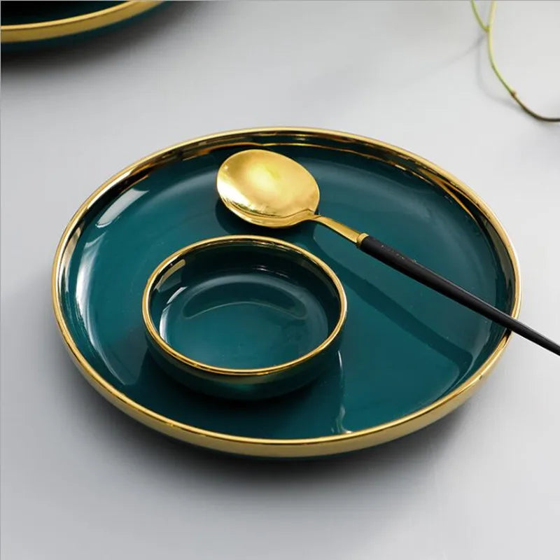 Gilt Rim Green Ceramic Plate and Bowls: Luxurious porcelain dinnerware set