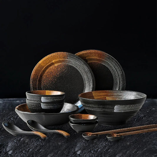 KINGLANG Japanese Dinner Set - Ceramic Retro Tableware Set