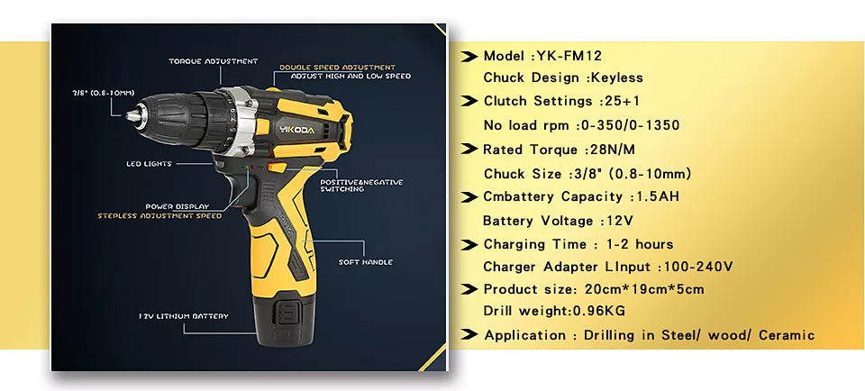 YIKODA 12/16.8/21V Cordless Rechargeable Electric Drill / Screwdriver