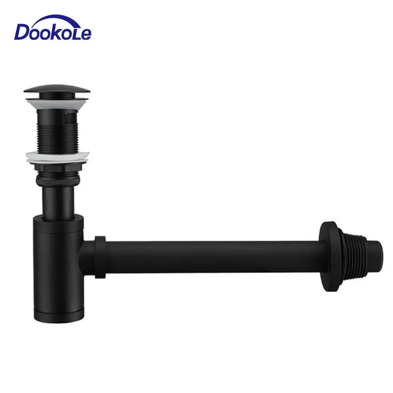 Black Brass Round Bottle P-Trap with Pop-Up Drain