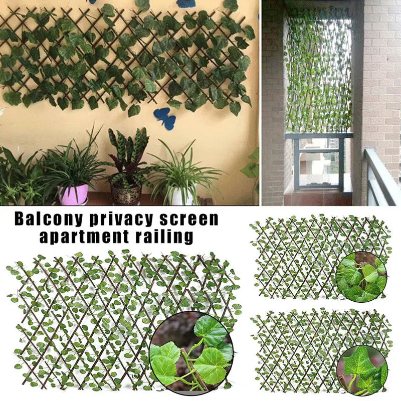 Telescopic Simulation Fence with Fake Flowers and Green Leaves