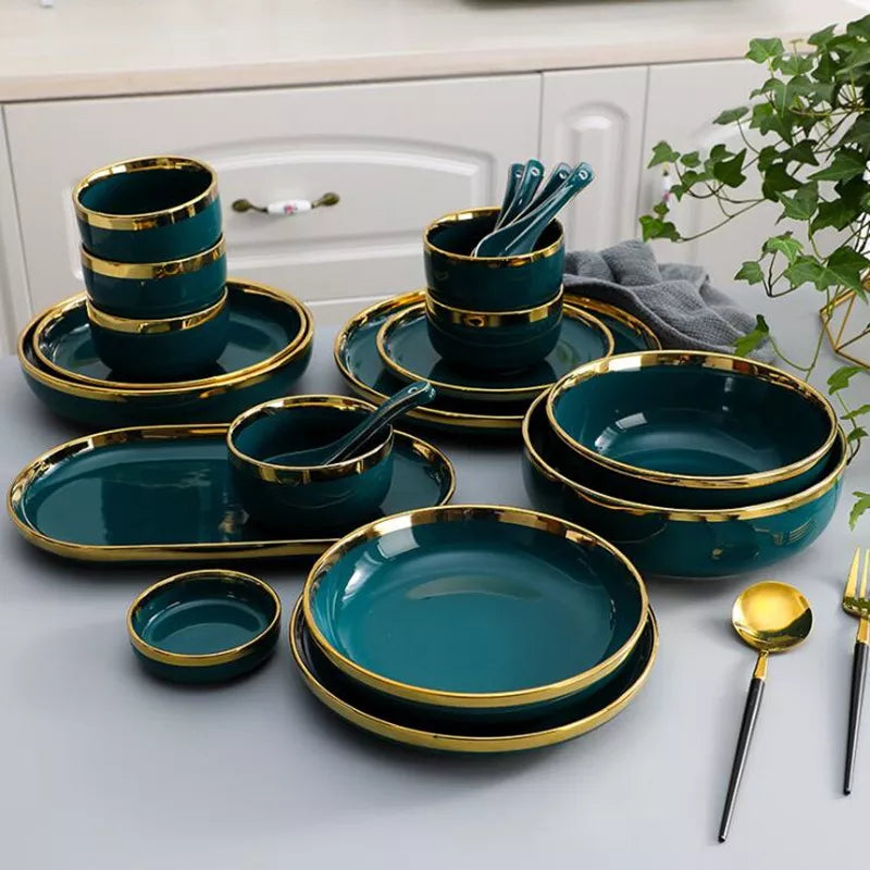 Gilt Rim Green Ceramic Plate and Bowls: Luxurious porcelain dinnerware set