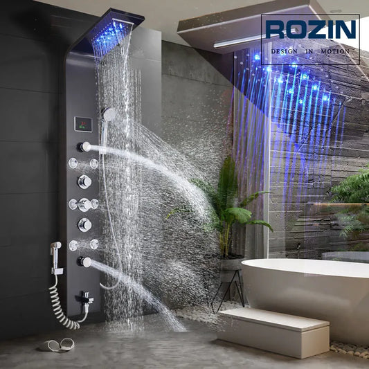 LED Light Shower Faucet Bathroom Waterfall Rain Black Shower Panel In Wall Shower System with Spa Massage Sprayer and Bidet Tap