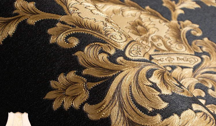 Luxurious and washable Black Gold Metallic 3D Damask Vinyl PVC wallpaper with Embossed Texture