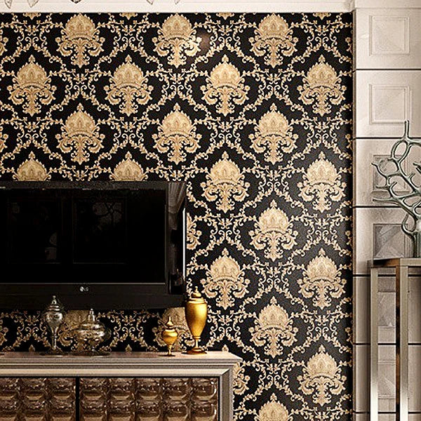 Luxurious and washable Black Gold Metallic 3D Damask Vinyl PVC wallpaper with Embossed Texture