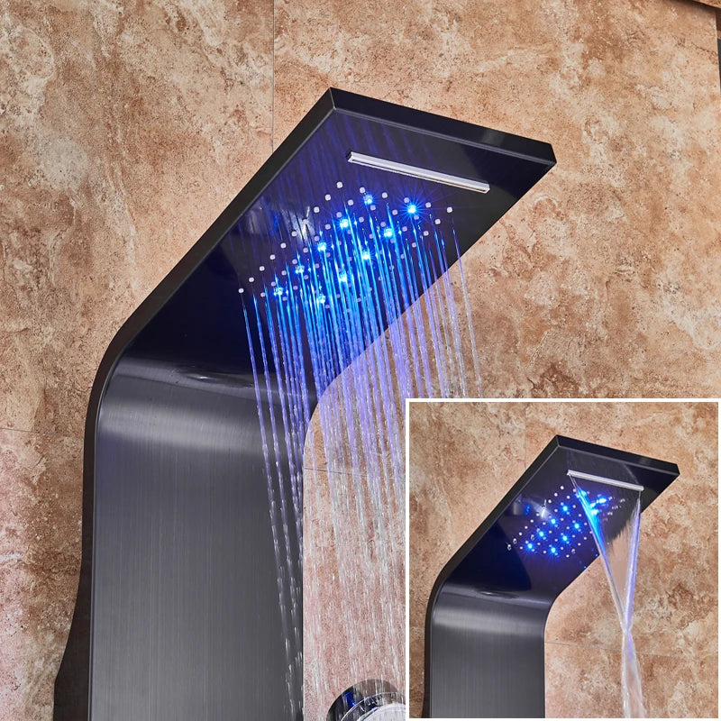 LED Light Shower Faucet Bathroom Waterfall Rain Black Shower Panel In Wall Shower System with Spa Massage Sprayer and Bidet Tap