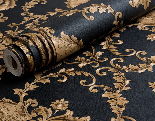 Ovoin Luxurious Black Gold Metallic 3D Damask Vinyl PVC Wallpaper Roll