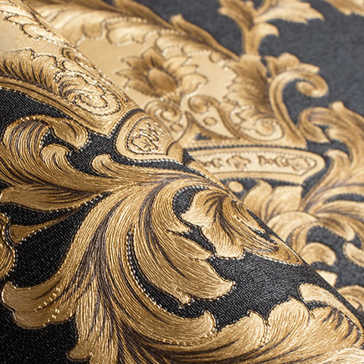 Luxurious and washable Black Gold Metallic 3D Damask Vinyl PVC wallpaper with Embossed Texture