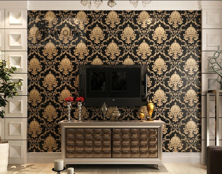 Luxurious and washable Black Gold Metallic 3D Damask Vinyl PVC wallpaper with Embossed Texture