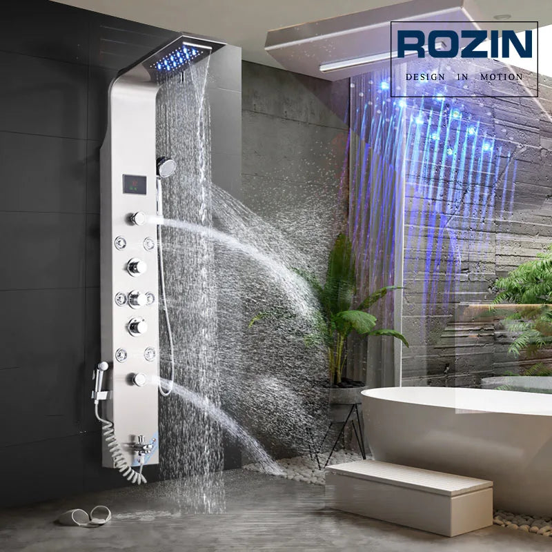 LED Light Shower Faucet Bathroom Waterfall Rain Black Shower Panel In Wall Shower System with Spa Massage Sprayer and Bidet Tap