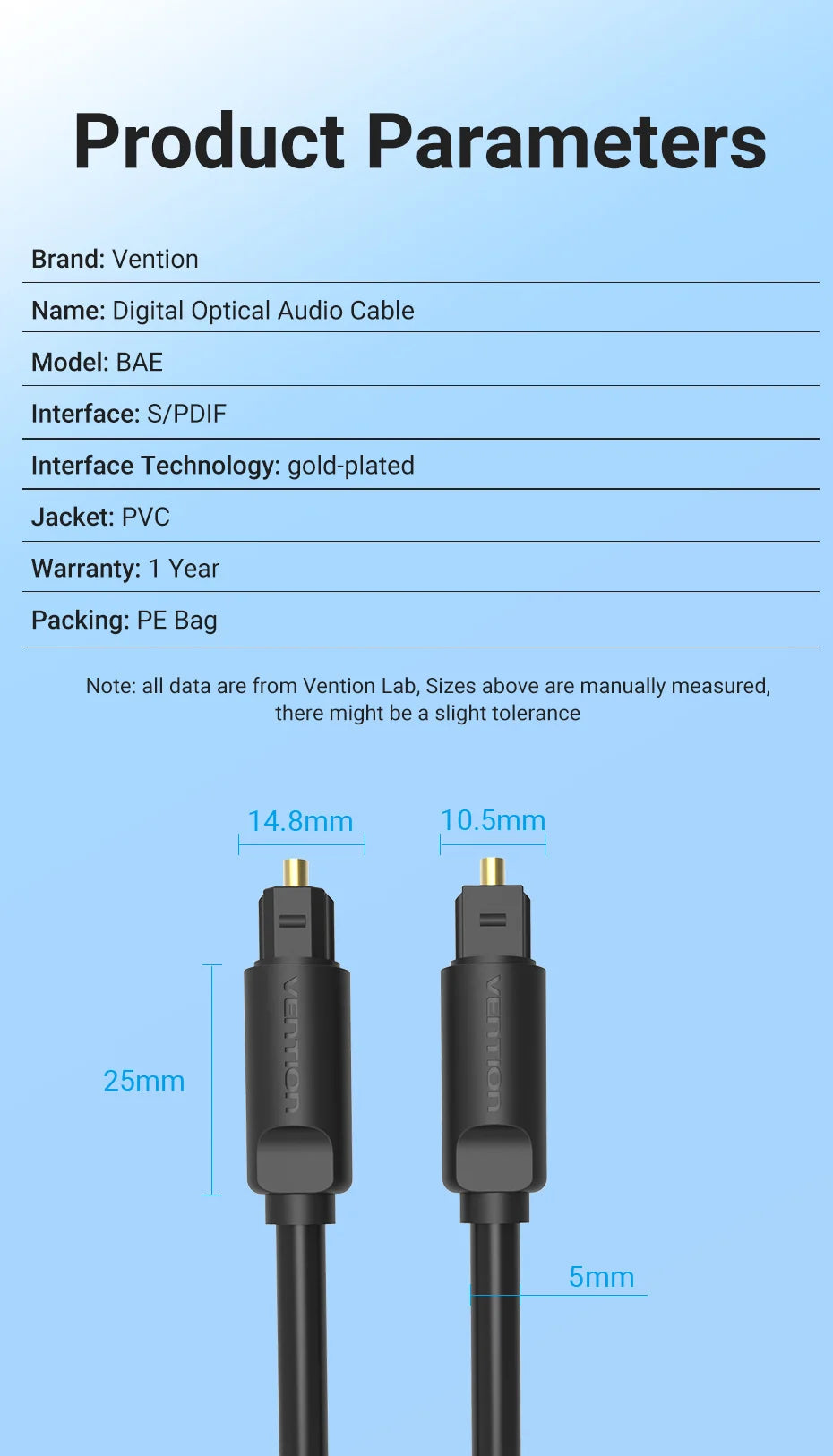 Vention Digital Audio Fibre Optic Cable /  Toslink SPDIF Coaxial Cable