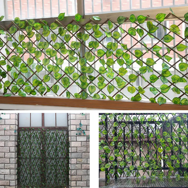 Telescopic Simulation Fence with Fake Flowers and Green Leaves