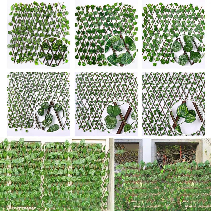 Telescopic Simulation Fence with Fake Flowers and Green Leaves
