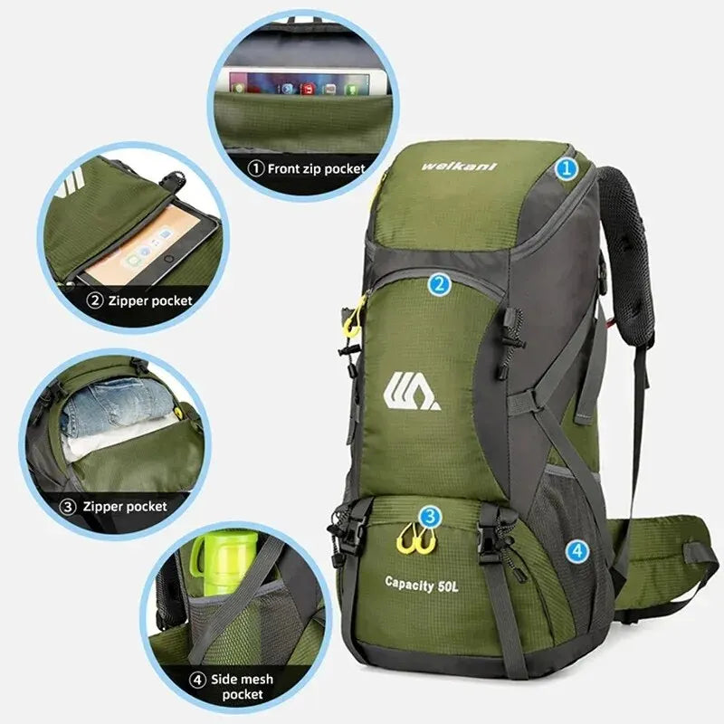 50L waterproof quality nylon large capacity camping hiking backpack