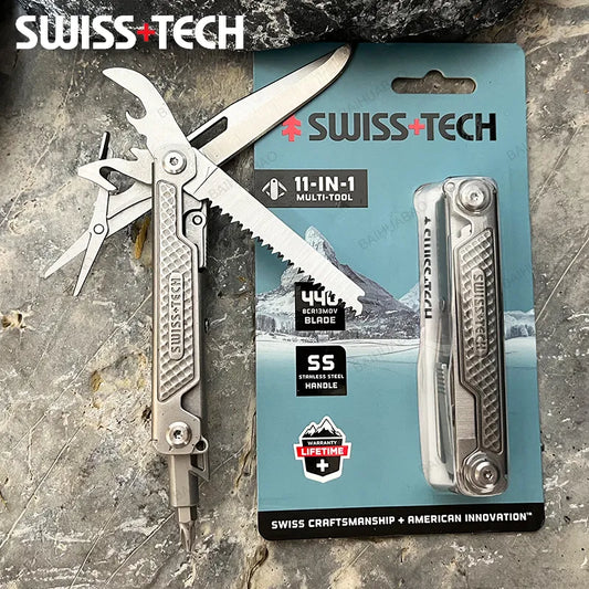 Swiss Tech 11-in-1 Multitool Portable Folding Knife, Saw, Scissors and Bottle Opener