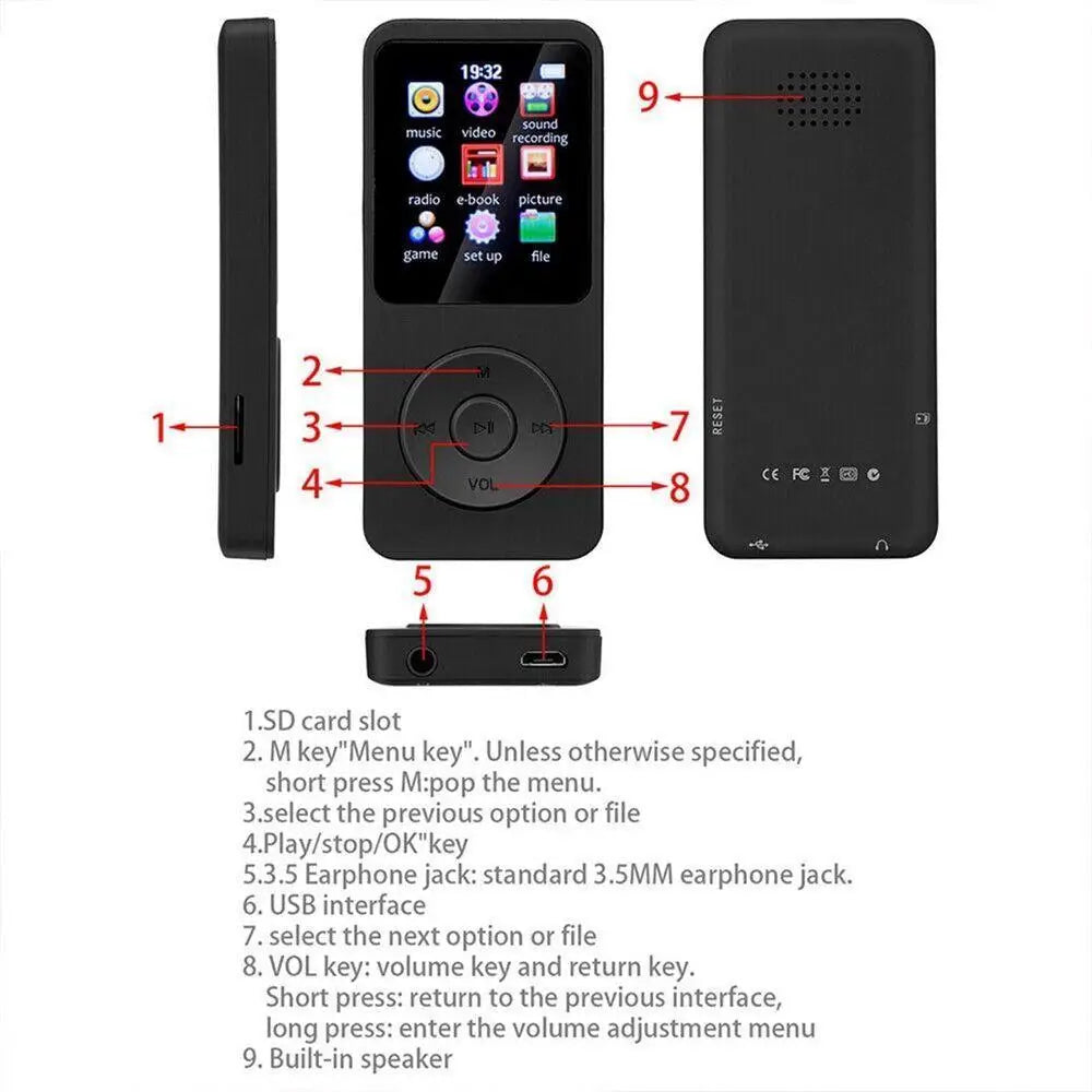 Portable MP3 Player Digital Display Screen Support 128GB Bluetooth MP4/MP3 Lossless Music Player FM Radio Walkman Recorder Sport