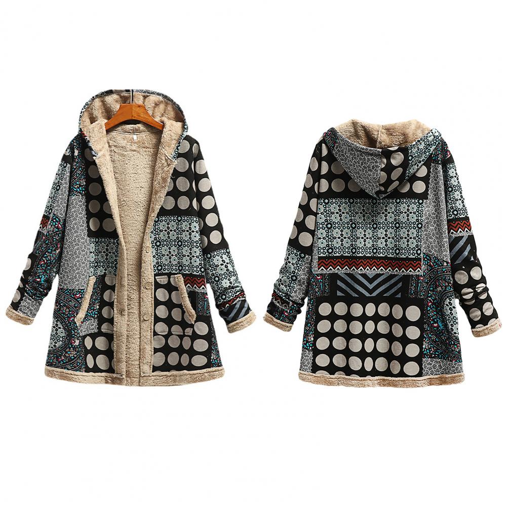 Winter Vintage Women Coat, Warm Ethnic Pattern Print Thick Fleece Hooded Long Coat With Pocket Ladies Outwear Loose Coat For Women