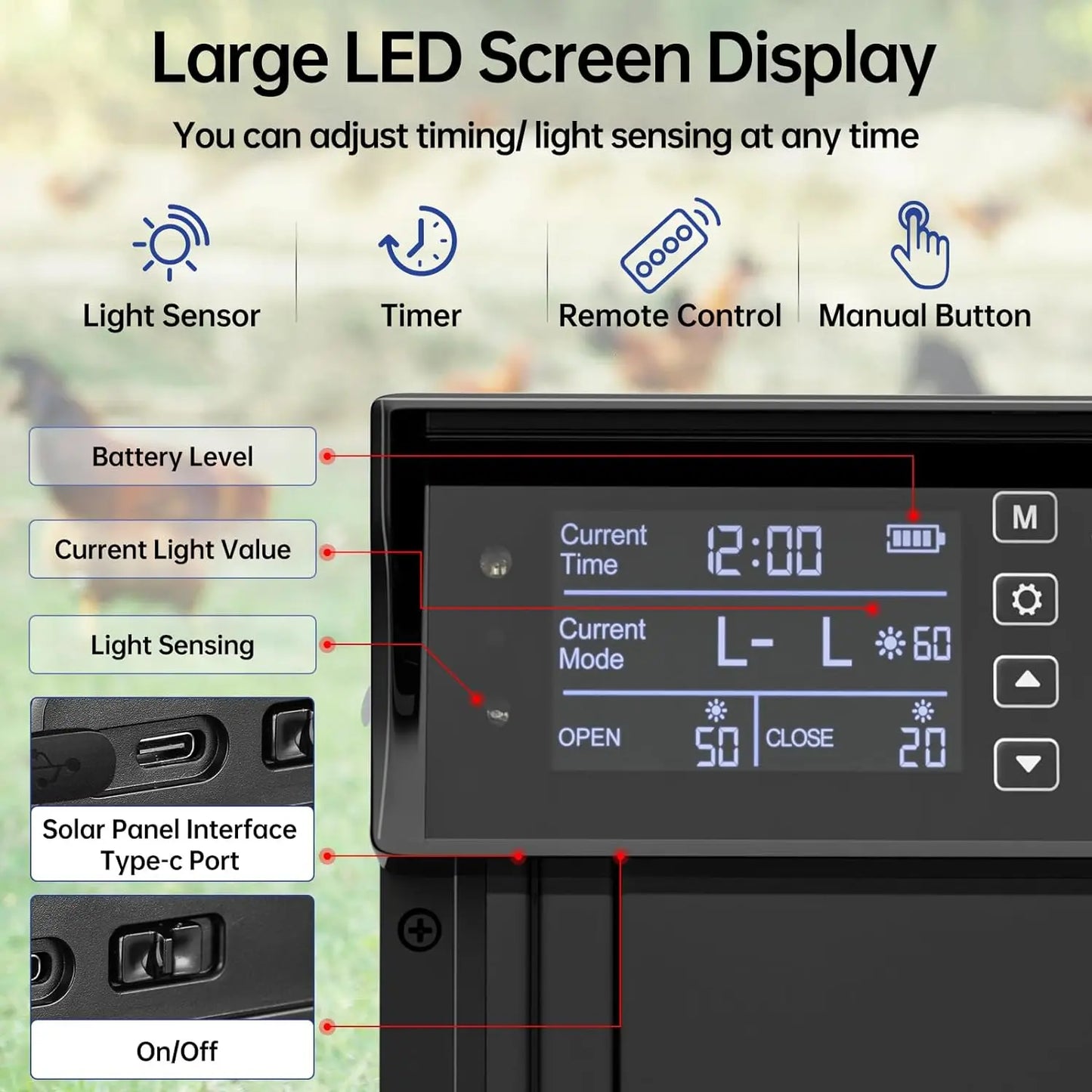 Solar Chicken Coop Door, Automatic Chicken Door Solar Powered & USB Charging, Auto Chicken Door 4 Modes with Timer & Light Sensor