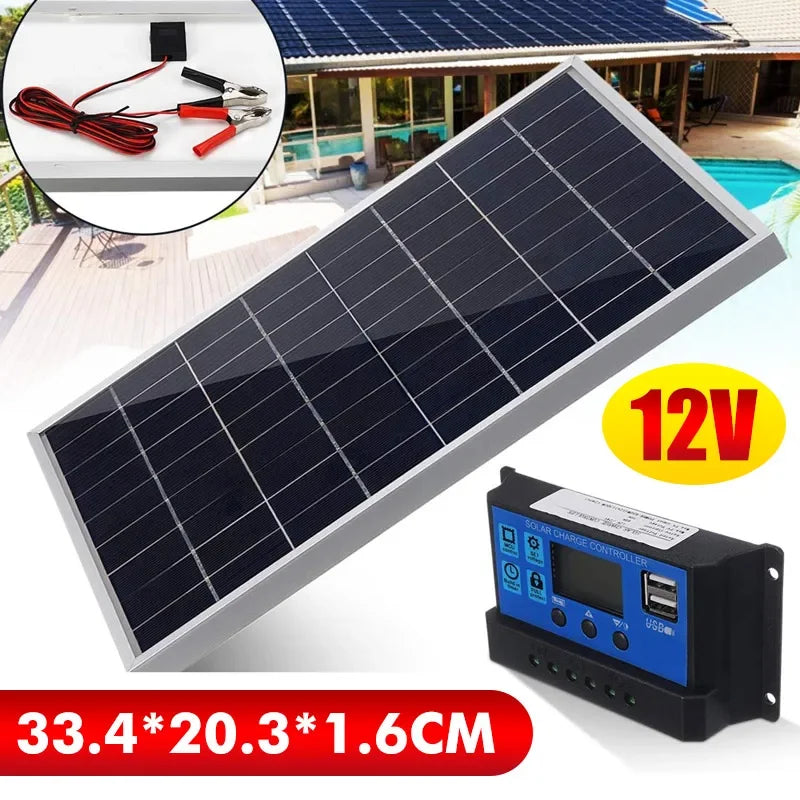 12V Solar Panel Kit Complete 600W Capacity Polycrystalline USB Power Portable Outdoor Rechargeable Solar Cell Generator for Home