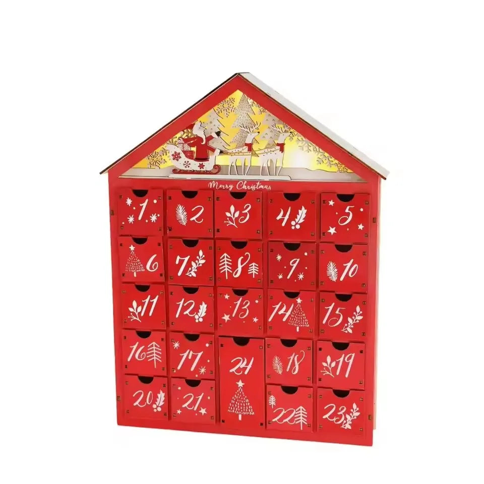 Wooden Christmas Advent Calendar – 24 Drawer Village House with LED Lights, Refillable DIY Countdown Box, Festive Holiday Decoration
