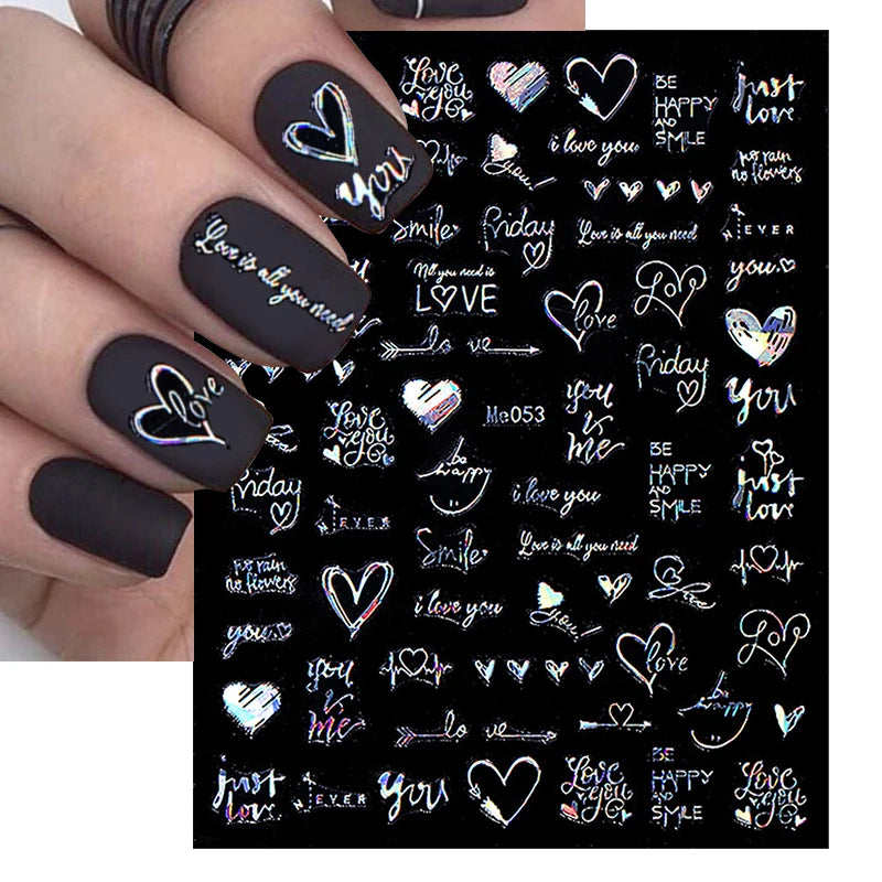 1PCS 3D Laser Silver Heart Letter Nail Sticker Nail Art Decoration Love Flower Nail Accessories Decal Stickers Nail Supplies