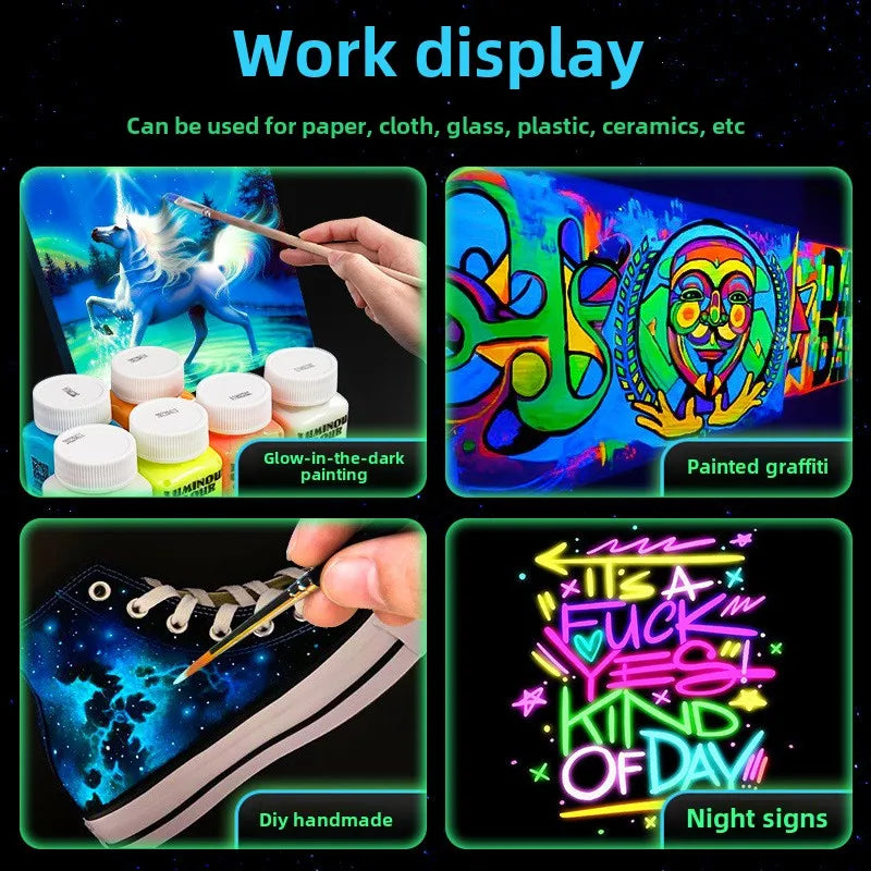 Fluorescent Glow‑in‑the‑Dark Acrylic Paint Set for Canvas, Décor & Neon Art