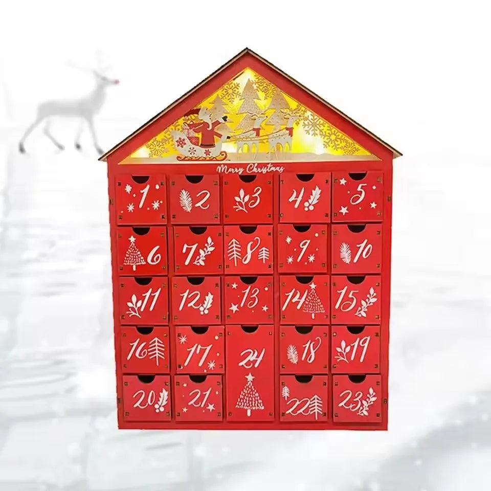 Wooden Christmas Advent Calendar – 24 Drawer Village House with LED Lights, Refillable DIY Countdown Box, Festive Holiday Decoration